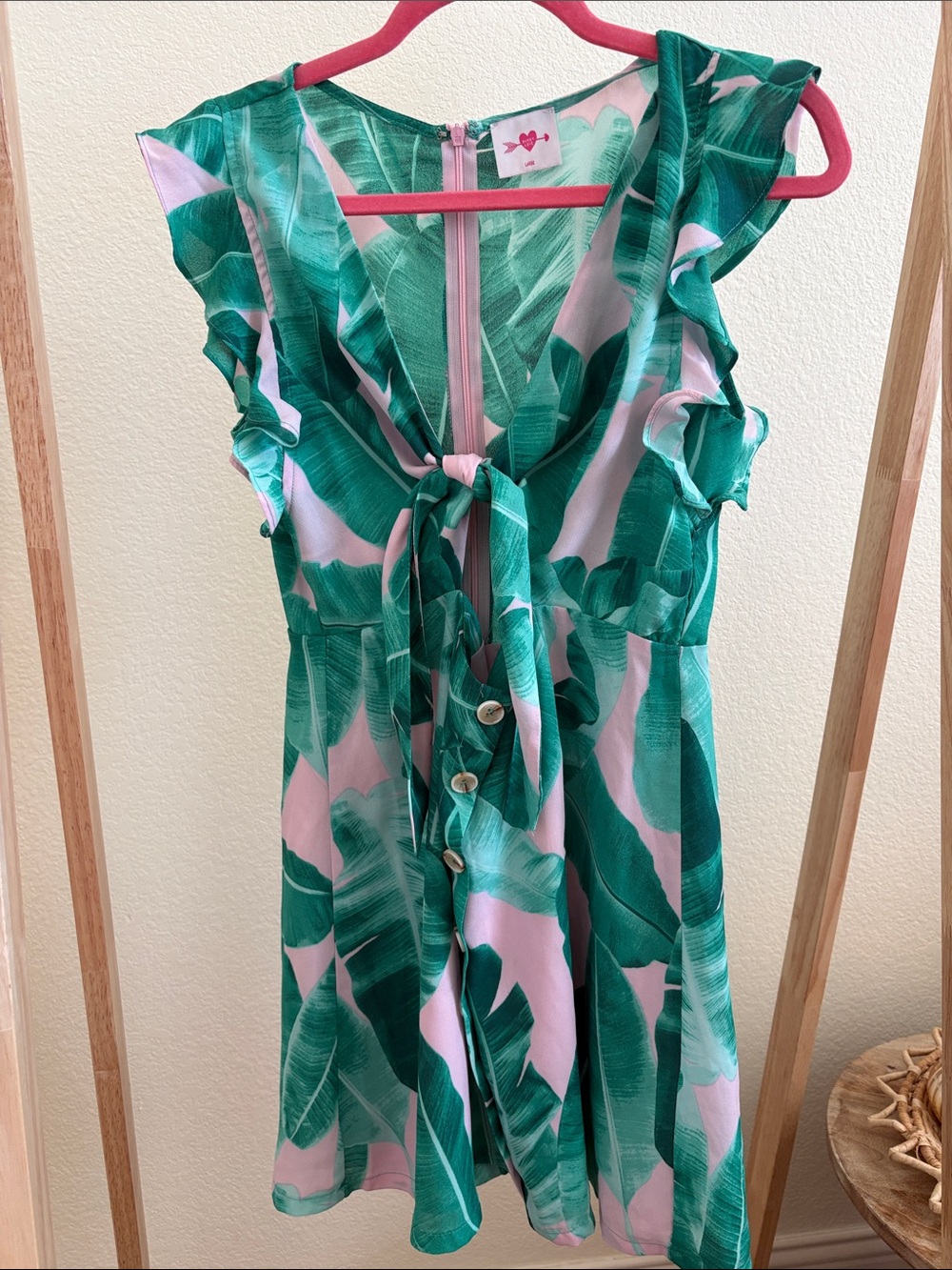 Buddy Love Pink and Green Leaf-Print Mini Dress
